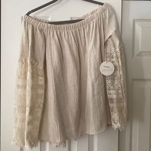 Hummingbird tan off the shoulder women’s large top. Brand new with tags.
